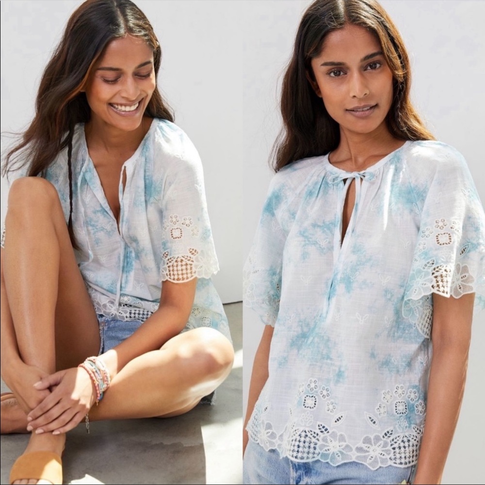 Anthropologie Blue Tie Dye Embroidered Top sz XS - Picture 1 of 10